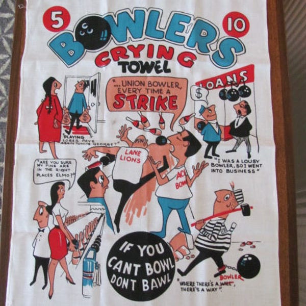 Vintage 70's Kitschy Bowling Crying Towel - Bowlers Hand Towel - 70's Cotton Tea Towel - Bowling Sport - 70's Bowling Kitsch - Gag Gift