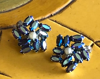 Vintage 50's Blue Aurora Borealis Rhinestone Earrings - B. David - Clip On Earrings - Blue Flower Earrings - Blue Earrings - 50's Earrings