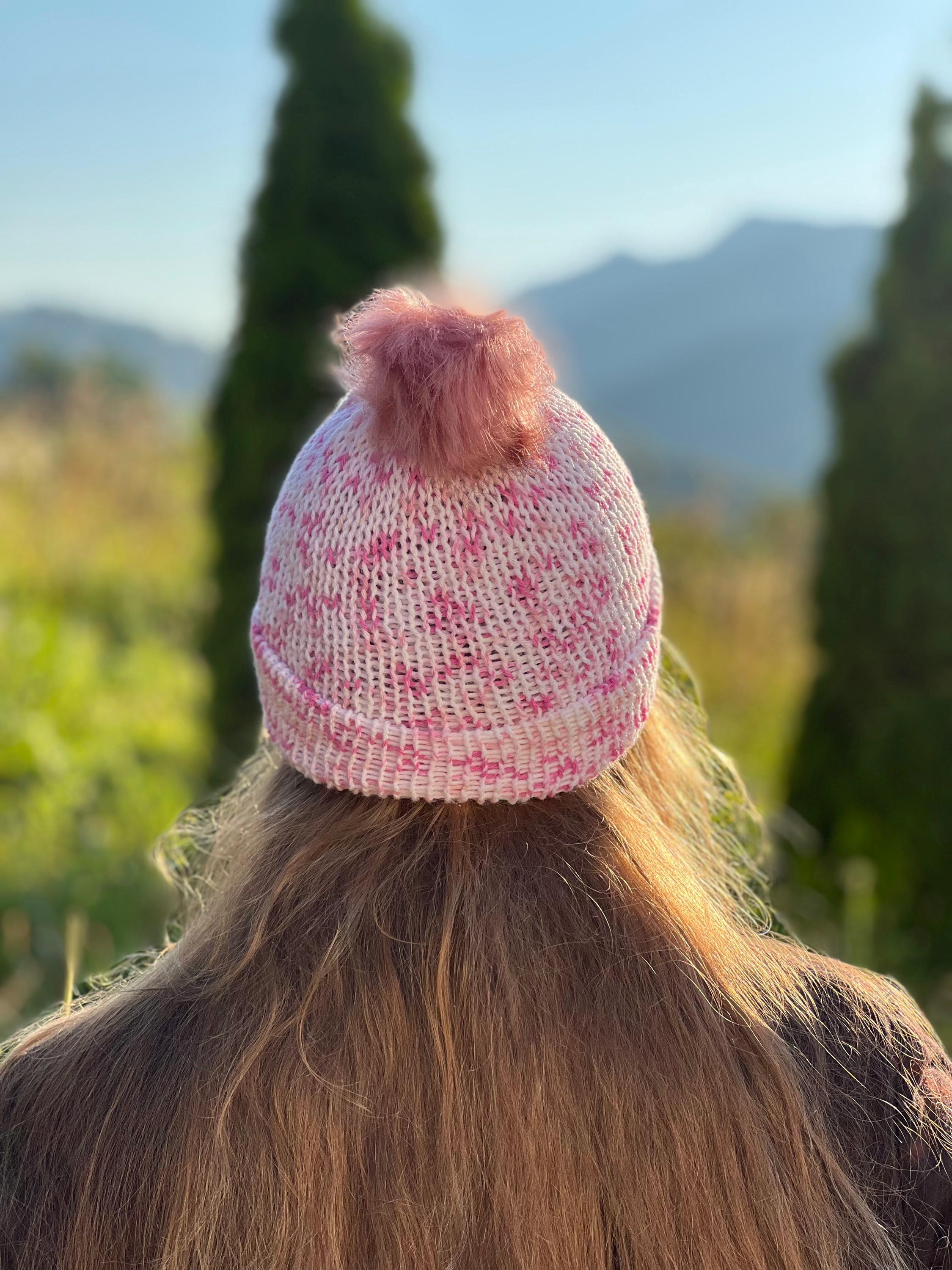 Pink Knit Beanie with Pom‎ Pom Fox Pom Beanie - Sitka Fur Gallery main image 2