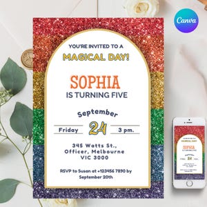 Rainbow Glitter Birthday Invitation for Girls, Editable Canva Template, Printable Sparkle Party Invite, Instant Download
