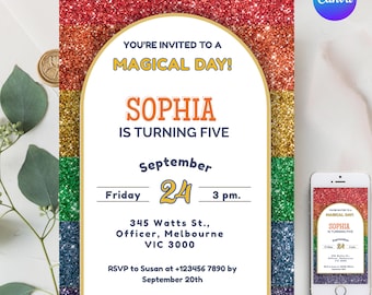 Rainbow Glitter Birthday Invitation for Girls, Editable Canva Template, Printable Sparkle Party Invite, Instant Download