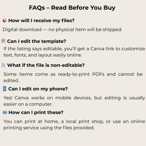 Puede incluir: Una p&aacute;gina web titulada "Preguntas frecuentes - Lea antes de comprar" con preguntas y respuestas sobre descargas digitales. Los temas incluyen la entrega de archivos, la edici&oacute;n de plantillas, archivos no editables, edici&oacute;n m&oacute;vil y opciones de impresi&oacute;n.
