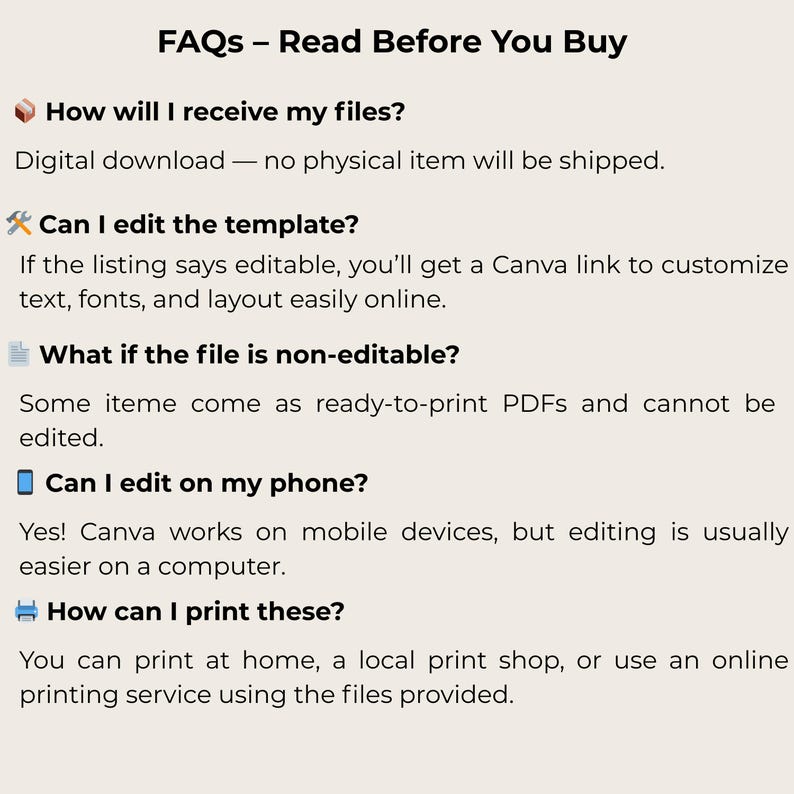 Puede incluir: Una p&aacute;gina web titulada "Preguntas frecuentes - Lea antes de comprar" con preguntas y respuestas sobre descargas digitales. Los temas incluyen la entrega de archivos, la edici&oacute;n de plantillas, archivos no editables, edici&oacute;n m&oacute;vil y opciones de impresi&oacute;n.