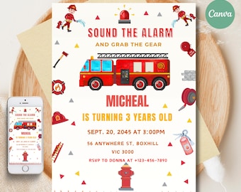 Fire Truck Birthday Invitation: Editable Fireman Party Template (Digital Download)