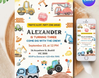 Construction Birthday Invitation: Dump Truck Party, Editable Canva Template (Digital Download)