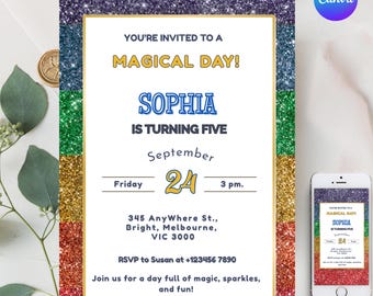 Rainbow Glitter Birthday Invitation: Pastel Sparkle Party, Editable Canva Template (Digital Download)