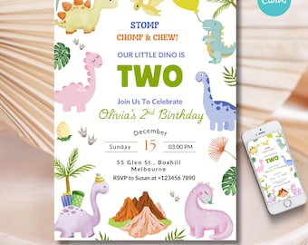 Pastel Dinosaur Birthday Invitation: Editable Pink Dino Party, Two Rex Invite (Printable Download)