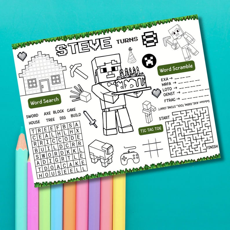 Puede incluir: Una hoja de actividades en blanco y negro con tem&aacute;tica de Minecraft. La hoja incluye juegos de b&uacute;squeda de palabras, rompecabezas de palabras y tres en raya. El texto "STEVE TURNS" est&aacute; en la parte superior y la hoja est&aacute; decorada con gr&aacute;ficos relacionados con Minecraft.
