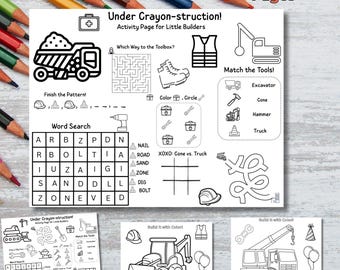 Hoja de actividades de construcción, páginas para colorear para niños, imprimible para fiestas, recuerdo de fiesta de construcción, descarga instantánea