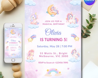 Editable Unicorn Birthday Invitation: Pastel Rainbow Party (Digital Download, 5x7" Girls Printable Card, Canva Template)