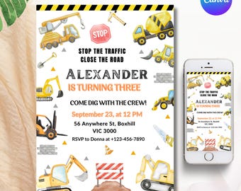 Construction Birthday Invitation, Dump Truck Party Invite, Editable Boys Birthday Template, Printable Construction Theme, Digital Download