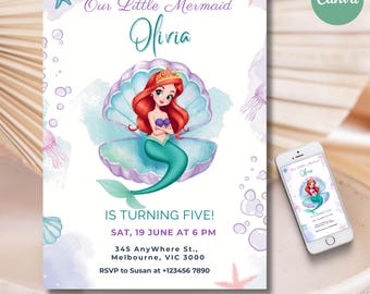 Mermaid Birthday Invitation, Editable Canva Template, Under the Sea Party Invite, Printable Mermaid Birthday Card