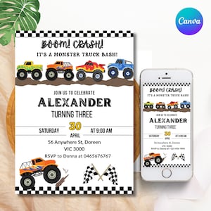 Editable Monster Truck Birthday Invitation for Boys, Canva Template, Printable Truck Bash Invite, Boom Crash Theme, Instant Download