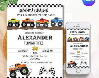 Monster Truck Birthday Invitation: Editable Canva Template (Printable/Digital)
