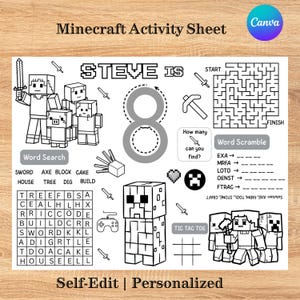 May include: A black and white Minecraft activity sheet with various game elements, including a word search, maze, and word scramble. The sheet features the text "Minecraft Activity Sheet", "STEVE IS", and "Self-Edit | Personalized".