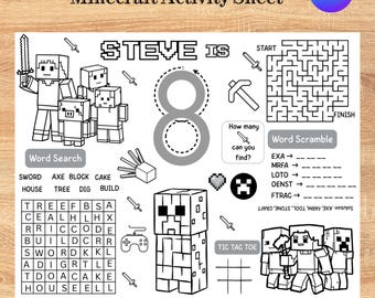 Hoja de actividades personalizada para cumpleaños de Pixel Gamer: mantel individual de construcción con bloques, detalle para fiestas, descarga digital, PDF editable para niños