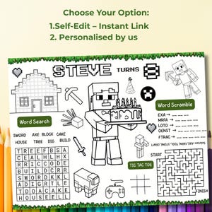 Puede incluir: P&aacute;gina para colorear en blanco y negro con tem&aacute;tica de Minecraft. La p&aacute;gina incluye un personaje de Steve sosteniendo un pastel, una sopa de letras, un juego de palabras revueltas, tres en raya y un laberinto. El texto en la parte superior dice "STEVE TURNS".