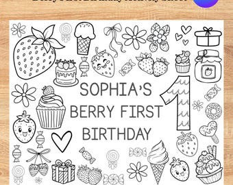 Berry First Birthday Coloring Page, Strawberry Birthday Coloring Sheet, 1st Birthday Girl Party Favors, Printable & Editable Kids Activity