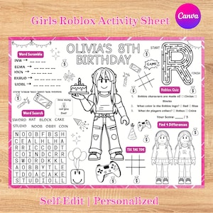 May include: A personalized Roblox activity sheet for girls, featuring a maze, word search, and quiz. The sheet includes the text "OLIVIA'S 8TH BIRTHDAY" and "Self-Edit | Personalized". The design is primarily black and white with pink accents.