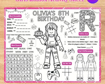 Hoja de actividades con avatar de videojuegos, mantel individual editable e imprimible con avatar de chica, lámina para colorear para fiestas infantiles, divertido detalle para fiestas de videojuegos