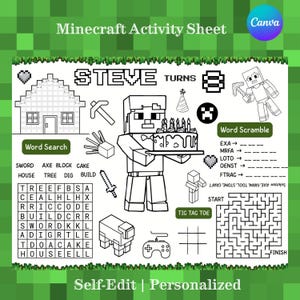 Könnte beinhalten: Schwarz-weiß Minecraft-Aktivitätsblatt mit dem Text "Minecraft Activity Sheet" und "STEVE TURNS". Enthält Wortsuch-, Worträtsel-, Tic-Tac-Toe- und Labyrinth-Spiele. Enthält Minecraft-Charaktere und -Objekte.
