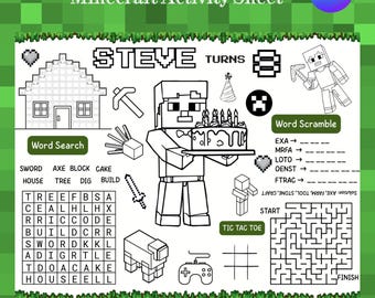 Personalized Pixel Block Birthday Activity Sheet – Building Block Coloring Placemat, Party Favor, Digital Download, Editable PDF for Kids