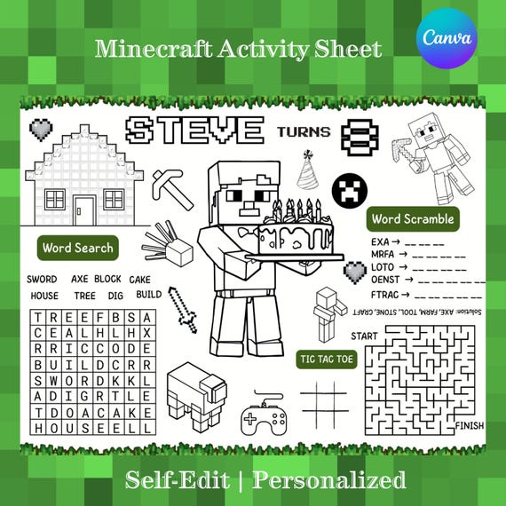 Personalized Pixel Block Birthday Activity Sheet – Building Block Coloring Placemat, Party Favor, Digital Download, Editable PDF for Kids