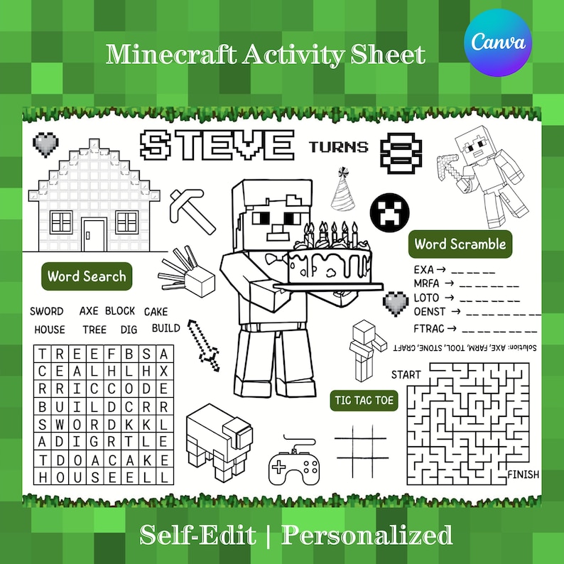 Puede incluir: Hoja de actividades de Minecraft en blanco y negro con el texto "Minecraft Activity Sheet" y "STEVE TURNS". Incluye juegos de b&uacute;squeda de palabras, rompecabezas de palabras, tic-tac-toe y laberintos. Presenta personajes y objetos de Minecraft.