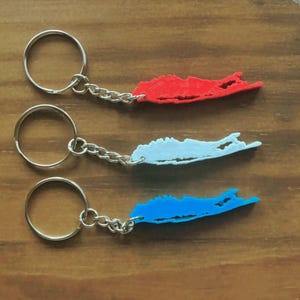 May include: Three keychains with a silver chain and ring. Each keychain features a colorful, 3D-printed outline of a landmass. The landmass shapes are red, white, and blue. The keychains are displayed on a wooden surface.