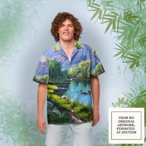 Landscape Painting Print Button Shirt: Unisex Oversized Hawaiian Art Shirt