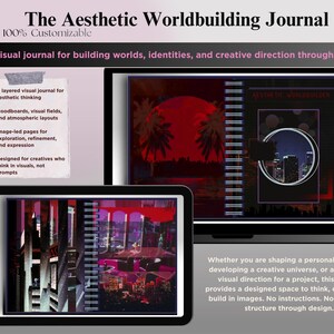 May include: A digital journal titled "The Aesthetic Worldbuilding Journal" with a customizable design. The journal is displayed on a laptop and tablet, showcasing a cityscape and palm tree silhouette against a red sunset. The journal is designed for creative visual thinkers.