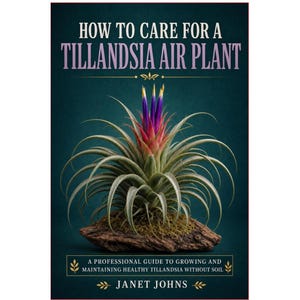 以下が含まれることがあります： Janet Johns著の書籍「How to Care for a Tillandsia Air Plant」。表紙には、濃いティール色の背景を前に、木片の上に置かれた紫と赤の先端を持つ緑色のエアプランツが描かれており、サブタイトル「A Professional Guide to Growing and Maintaining Healthy Tillandsia Without Soil」が記載されています。