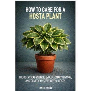 May include: A book cover showing a Hosta plant in a terracotta pot. The title reads "HOW TO CARE FOR A HOSTA PLANT". The text below details the botanical science and evolutionary history of the plant. Author: Janet Johns. The background is teal.