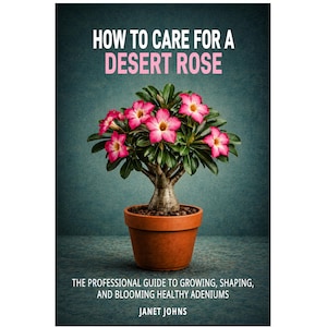 以下が含まれることがあります： Janet Johns著「HOW TO CARE FOR A DESERT ROSE, THE PROFESSIONAL GUIDE TO GROWING, SHAPING, AND BLOOMING HEALTHY ADENIUMS」というタイトルのブックカバー。カバーには、ピンクの花と緑の葉を持つ鉢植えの砂漠のバラが描かれています。