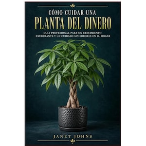 Puede incluir: Un libro titulado CÓMO CUIDAR UNA PLANTA DEL DINERO de Janet Johns. La portada muestra una planta del dinero verde con un tronco trenzado en una maceta oscura y texturizada sobre un fondo azul oscuro. El texto incluye el subtítulo GUÍA PROFESIONAL PARA UN CRECIMIENTO EXUBERANTE Y UN CUIDADO SIN ERRORES EN EL HOGAR.