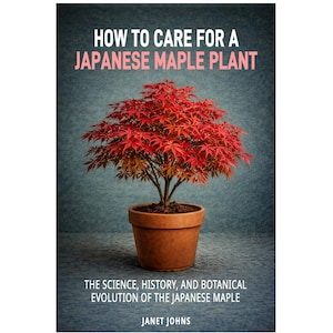 May include: A book cover featuring a Japanese maple plant in a terracotta pot. The tree has vibrant red leaves. The title reads "HOW TO CARE FOR A JAPANESE MAPLE PLANT". The author's name is Janet Johns.
