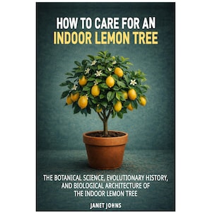 May include: Book cover featuring a potted lemon tree laden with yellow fruit and white blossoms. The title reads "HOW TO CARE FOR AN INDOOR LEMON TREE." Additional text details the book's focus on botanical science and evolutionary history. The author's name is Janet Johns.