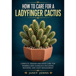 May include: A book cover titled HOW TO CARE FOR A LADYFINGER CACTUS by Janet Johns. The cover features a green, spiky Mammillaria elongata cactus with small yellow flowers, planted in a hexagonal terracotta pot against a dark blue background.