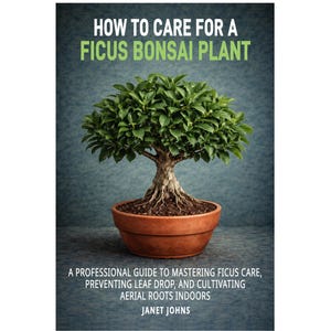 May include: A book cover featuring a Ficus Bonsai plant in a terracotta pot. The title reads "HOW TO CARE FOR A FICUS BONSAI PLANT" in green and white. Additional text includes "A PROFESSIONAL GUIDE TO MASTERING FICUS CARE...JANET JOHNS."