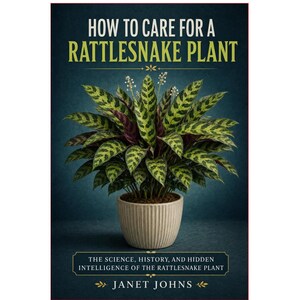 Può includere: Un libro intitolato How to Care for a Rattlesnake Plant di Janet Johns. La copertina mostra una pianta rattlesnake con motivi verdi e viola scuro in un vaso beige a coste su uno sfondo blu scuro con il sottotitolo The Science, History, and Hidden Intelligence of the Rattlesnake Plant.