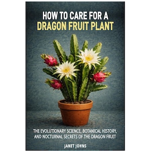 May include: A book cover featuring a dragon fruit plant in a terracotta pot. The plant has green stems, white flowers, and pink fruit. The title reads "HOW TO CARE FOR A DRAGON FRUIT PLANT".