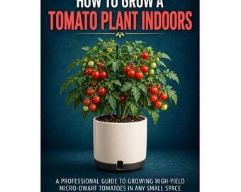 May include: A book cover titled How to Grow a Tomato Plant Indoors, A Professional Guide to Growing High-Yield Micro-Dwarf Tomatoes in Any Small Space by Janet Johns, featuring a green tomato plant with red fruit in a white pot on a blue background.