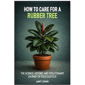 May include: A book cover featuring a potted rubber tree plant with large, dark green leaves and a red bud. The title "HOW TO CARE FOR A RUBBER TREE" is in green, with the author's name, Janet Johns, at the bottom. The book explores the science, history, and evolutionary journey of Ficus Elastica.