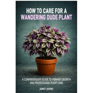 Puede incluir: Una portada de libro titulada HOW TO CARE FOR A WANDERING DUDE PLANT, A COMPREHENSIVE GUIDE TO VIBRANT GROWTH AND PROFESSIONAL PLANT CARE por JANET JOHNS. Muestra una planta con hojas rayadas de color púrpura y verde en una maceta de terracota.
