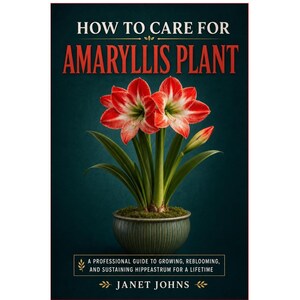 May include: A book titled How to Care for Amaryllis Plant by Janet Johns. The cover features a dark teal background with a potted amaryllis plant displaying red and white striped flowers, green leaves, and a subtitle about growing Hippeastrum.