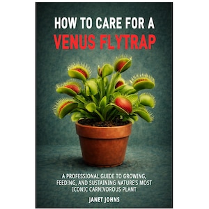 May include: A book cover featuring a Venus flytrap plant in a terracotta pot. The title reads "HOW TO CARE FOR A VENUS FLYTRAP" in red letters. The book is a guide to growing, feeding, and sustaining this carnivorous plant.