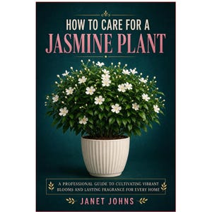 May include: A book cover titled How to Care for a Jasmine Plant by Janet Johns. The cover features a potted jasmine plant with white flowers and green leaves in a ribbed white pot against a dark teal background with decorative gold accents.