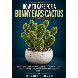 May include: A book cover titled How to Care for a Bunny Ears Cactus by Janet Johns. The cover features a green Opuntia microdasys cactus with yellow dots in a speckled white pot against a dark blue background with white and yellow text.