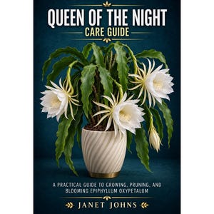 Op de afbeelding: Een boekomslag getiteld Queen of the Night Care Guide door Janet Johns. De omslag toont een Epiphyllum oxypetalum plant in een crèmekleurige, spiraalvormig geribbelde pot met lange groene bladeren en grote witte bloemen tegen een donkerblauwe achtergrond.
