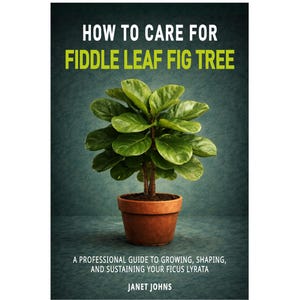 Może przedstawiać: Okładka książki z figowcem lirolistnym w terakotowej doniczce. Tytuł brzmi "HOW TO CARE FOR FIDDLE LEAF FIG TREE" pogrubioną, zieloną czcionką. Książka jest profesjonalnym przewodnikiem po uprawie, kształtowaniu i pielęgnacji Ficus Lyrata.